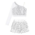 thumbnail image 3 of Alvivi Girls Sequins Long Sleeve One Shoulder Latin Jazz Dance Crop Top with Ruffle Skirted Shorts Silver 14, 3 of 7