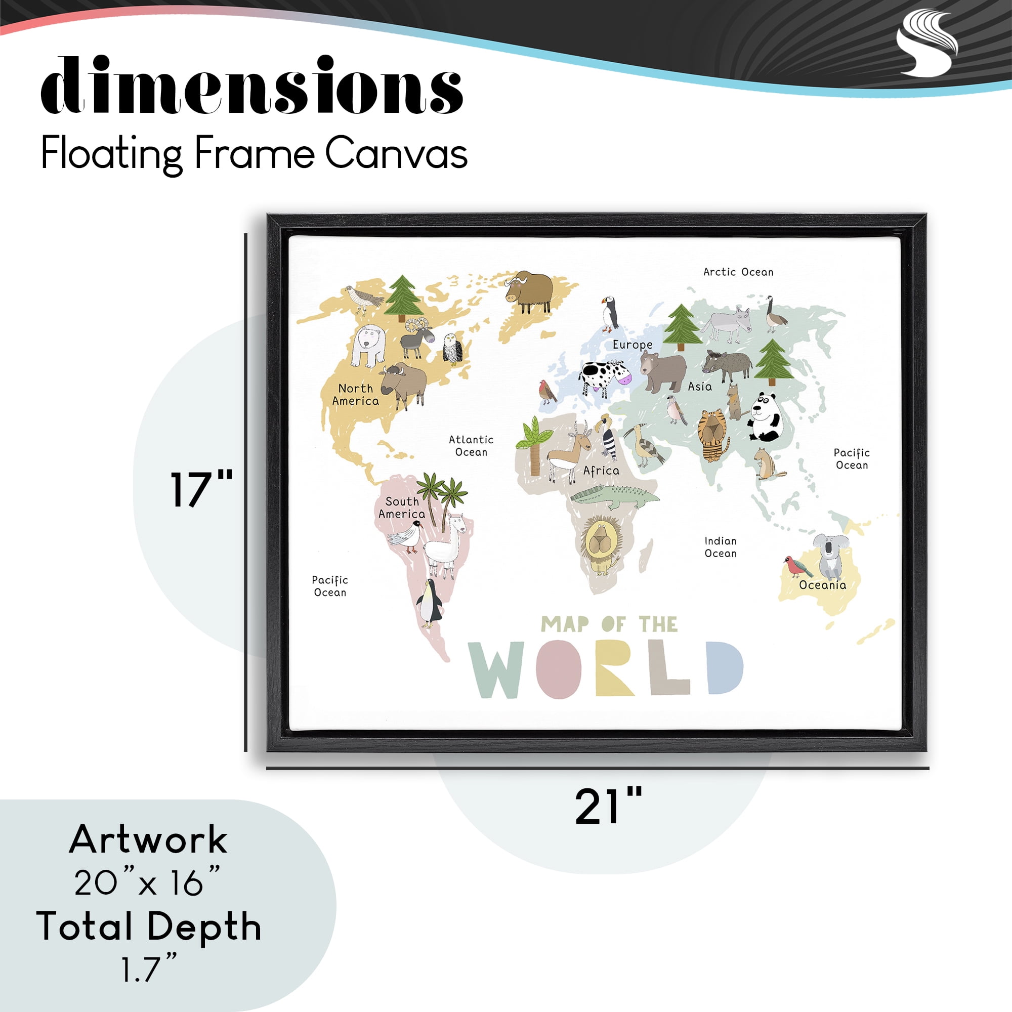 Map Of World Pastel Animals Black Framed Floater Canvas Wall Art, design by Carla Daly