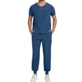 thumbnail image 2 of YLSDY Men Scrubs Set — Stretch Buttons Crew Neck Scrub Top & Jogger Pant with Pockets, Yoga Waistband, Anti-Wrinkle Scrubs for Men Dark Blue 4, 2 of 7