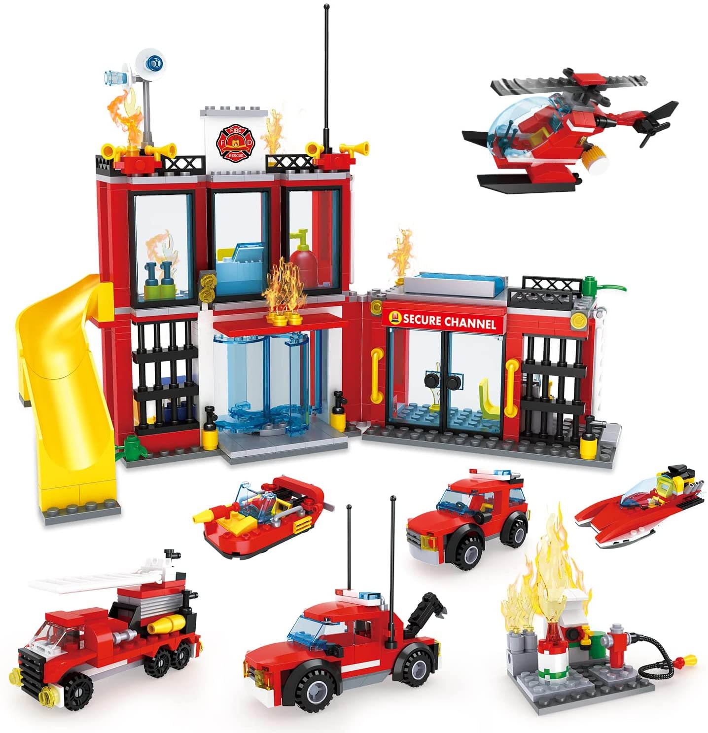Ursulan City Rescue Car Building Blocks Toy,Firefighter Kit with Fire
