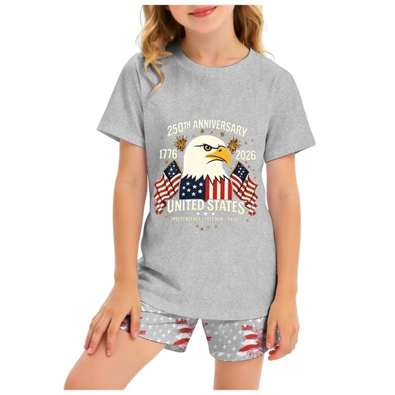 Povozer Ruffle Sleeve Independence Day Outfit 250 Anniversary Girls Short Sleeved Shorts Set Comfortable Breathable Independence Day Printed Girls Set Size 6-7 Years,Grey