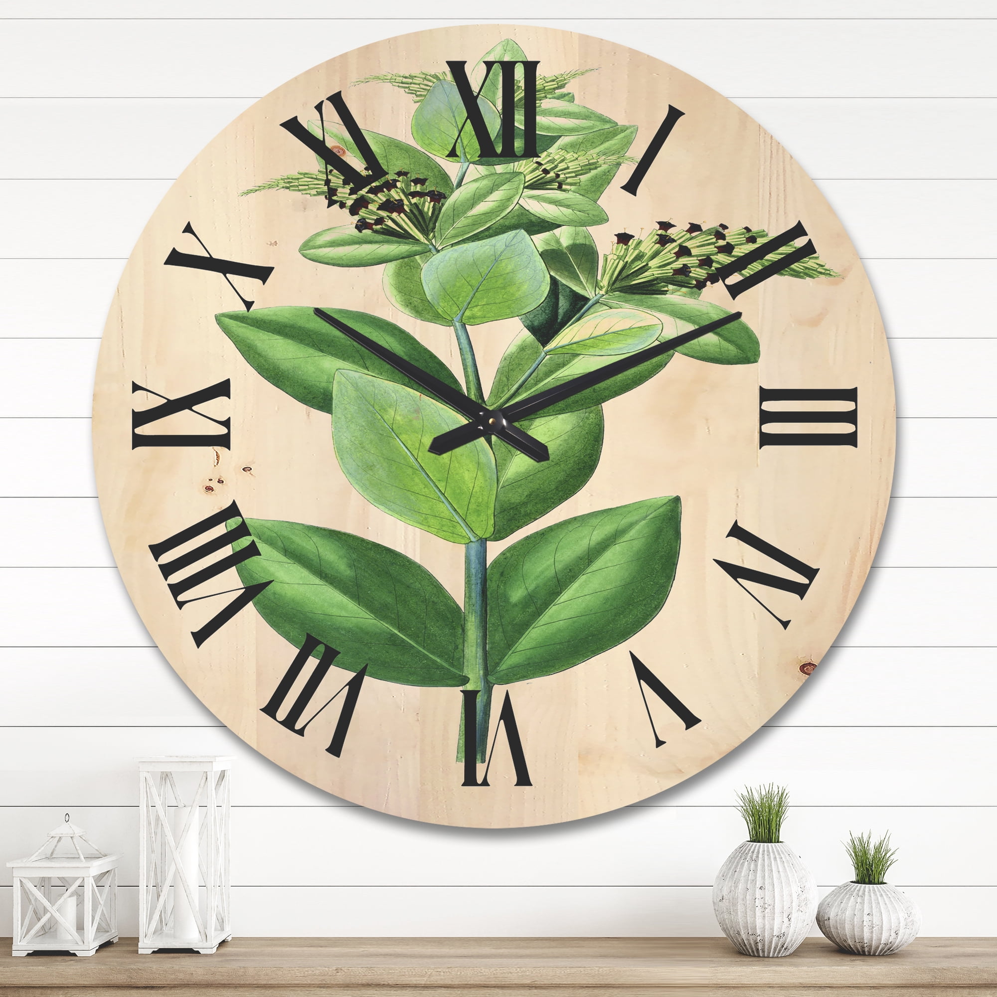 Designart 'Ancient Green Leaves Plants VI' Traditional Wood Wall Clock