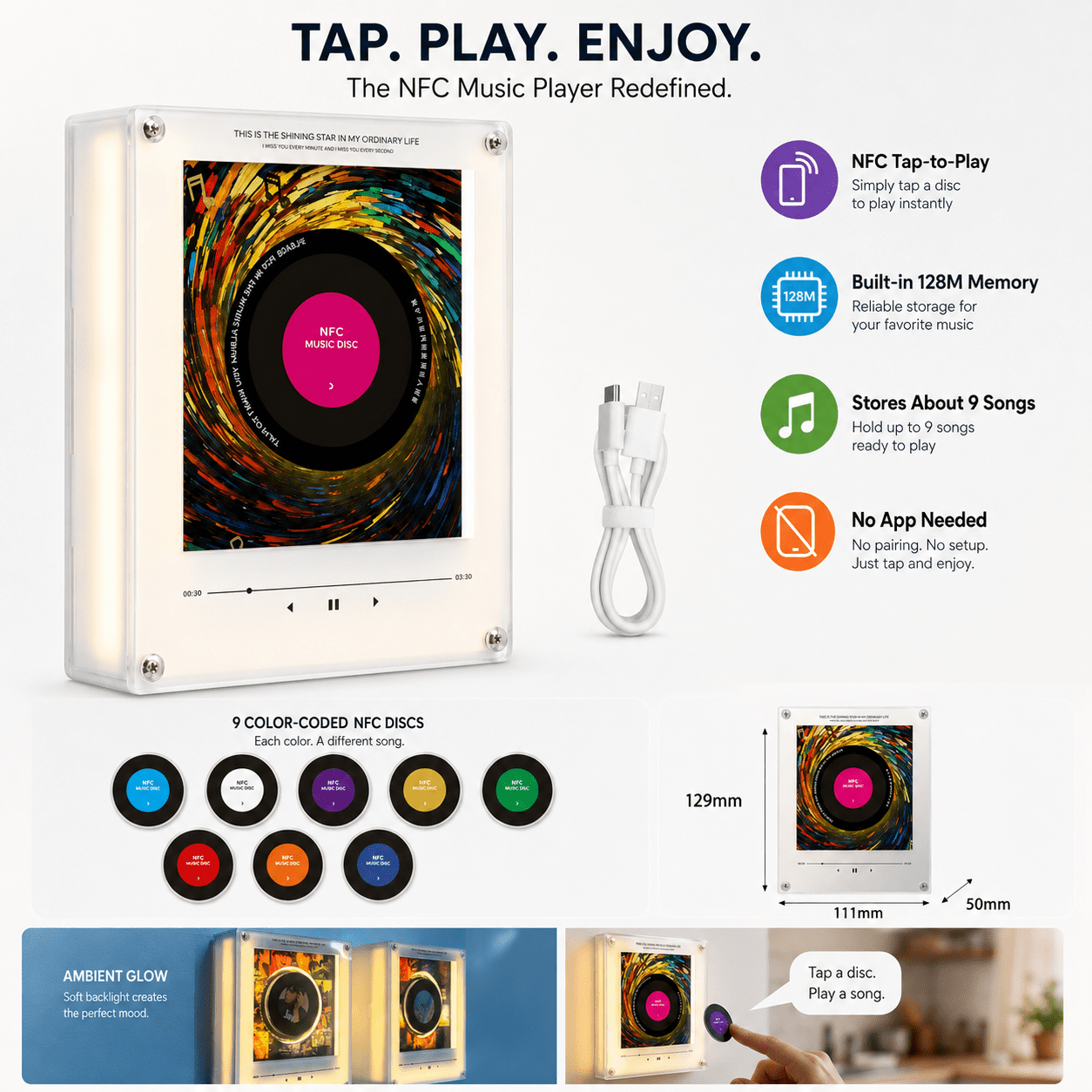 Magnetic Fridge Music Player, Refrigerator Magnet Record Player 9 PCS Custom Music Player NFC Enabled with LED Light, Unique Anniversary Birthday Gift