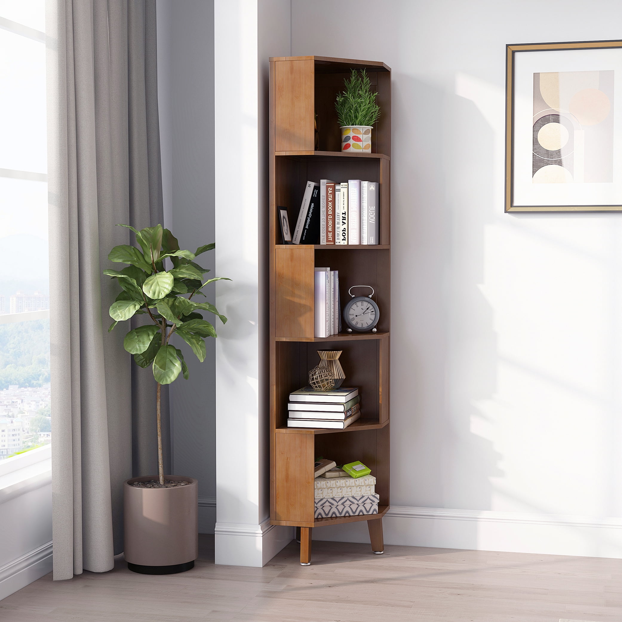 Bamboo corner bookshelf deals