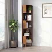 BALANBO 5-Tier Cube Corner Bookshelf Bamboo Corner Bookcase Brown,Modern Display Storage Rack,Brown
