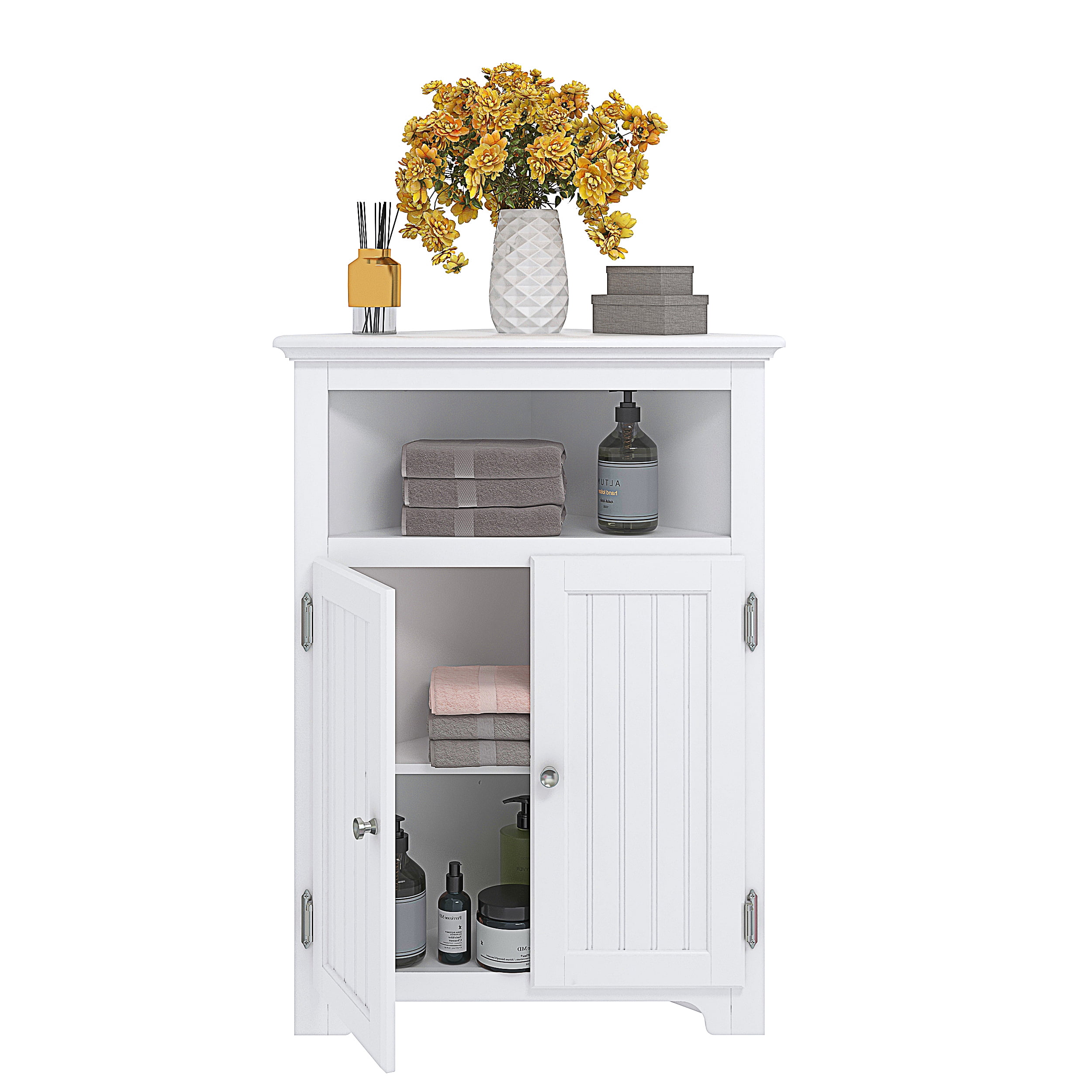 STAROUS Corner Storage Cabinet, Bathroom Floor Corner Cabinet with Doors and Shelves,Free Standing Storage Cabinet for Bathroom, Kitchen, Living Room, White