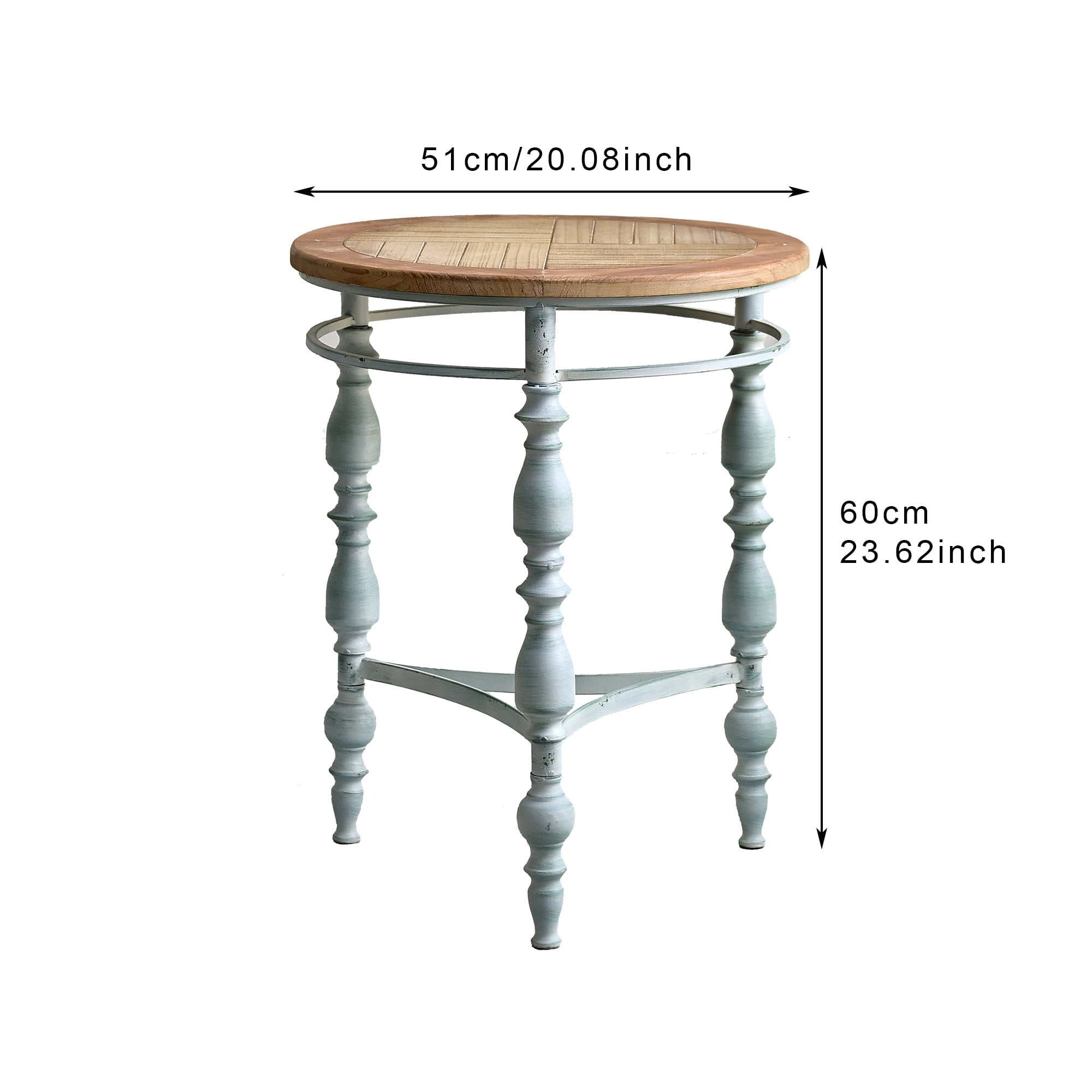 Leumius 20.08" Accent Rustic Carved Coffee Table, Round Wooden Top Metal Leg Round End Table for Living Room