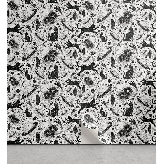 Ambesonne Cat Pattern Peel & Stick Wallpaper for Home, Starry Ambience Kittens, 13"x100", Off White Dark Grey
