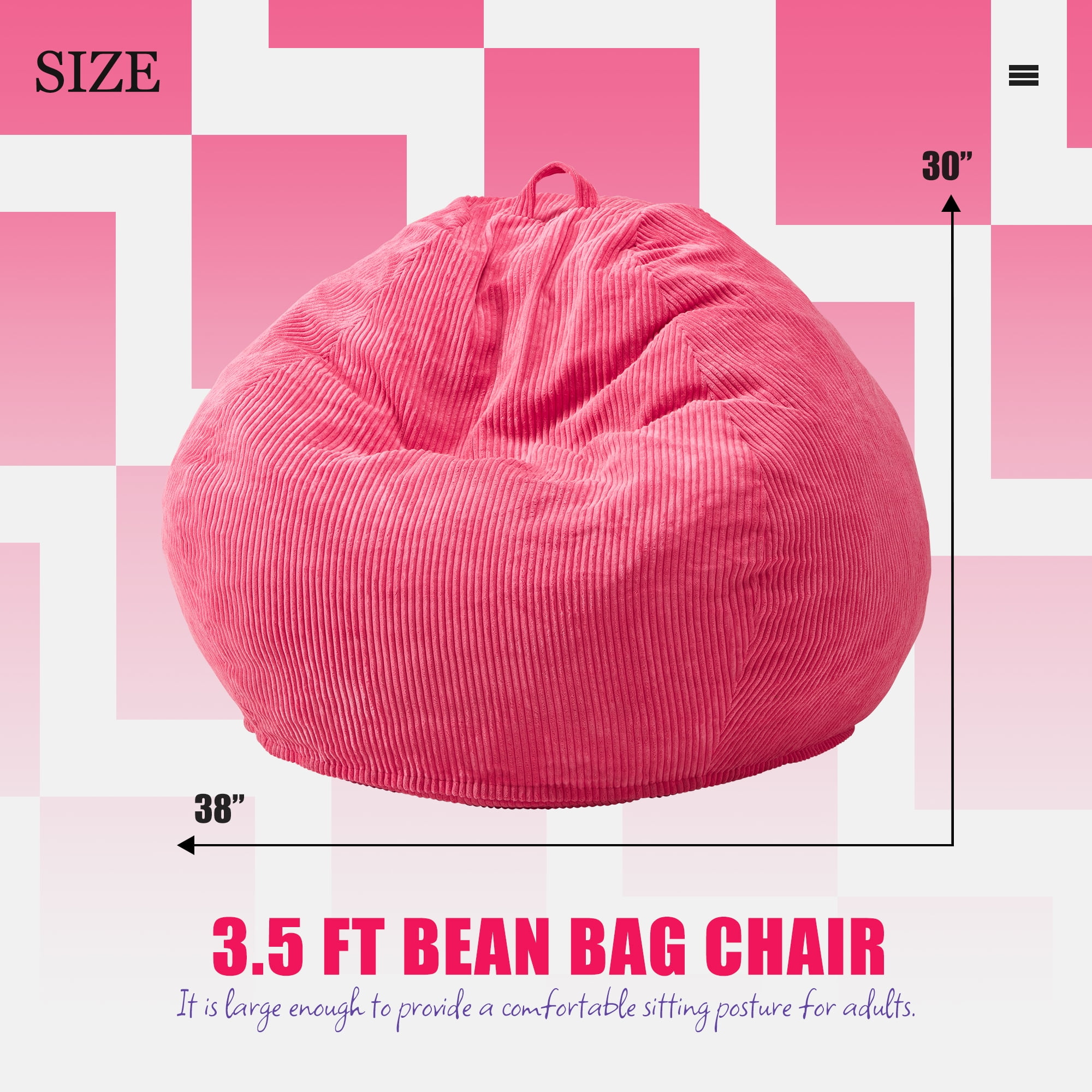 3.5FT Bean Bag Chair, Teardrop Large Bean Bag with Filler Included, Removable Cover for Bedroom Living Room, Pink