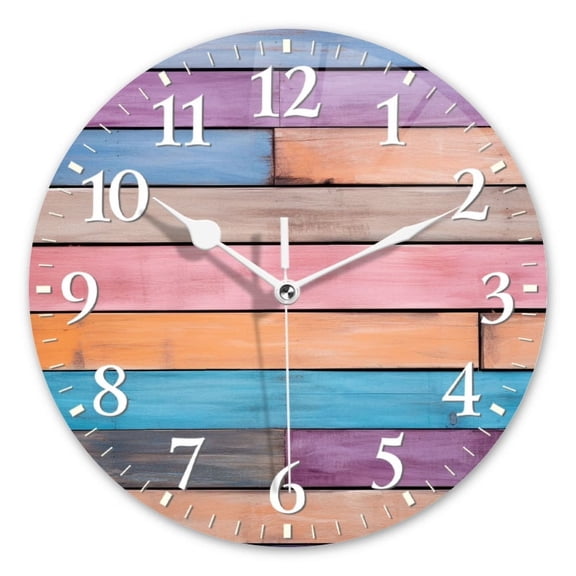 Non-Ticking Silent Wall Clocks Battery Operated Personalized Decor Clock for Living Room,Bedroom-Colorful Wooden Wall Background With Horizontal Planks Of Different Colors(10inch)