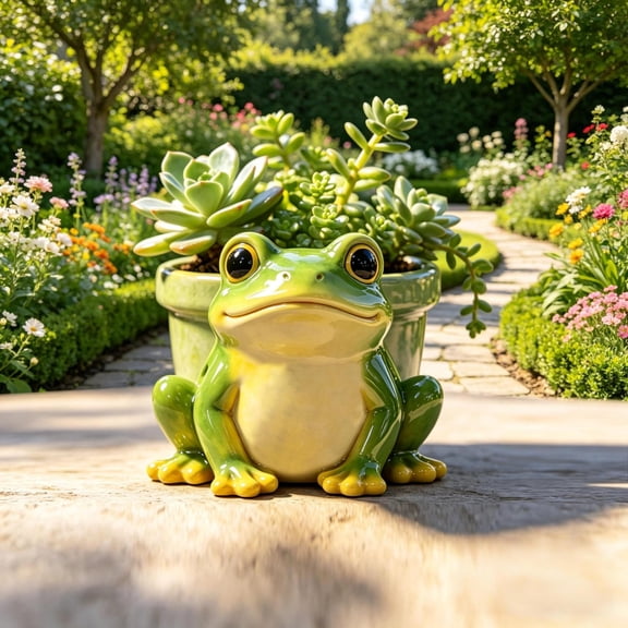 MMJ Cute Frog Shaped Resin Planter Pot Plant Flower Pot for Home Desk Decor Office Shelf