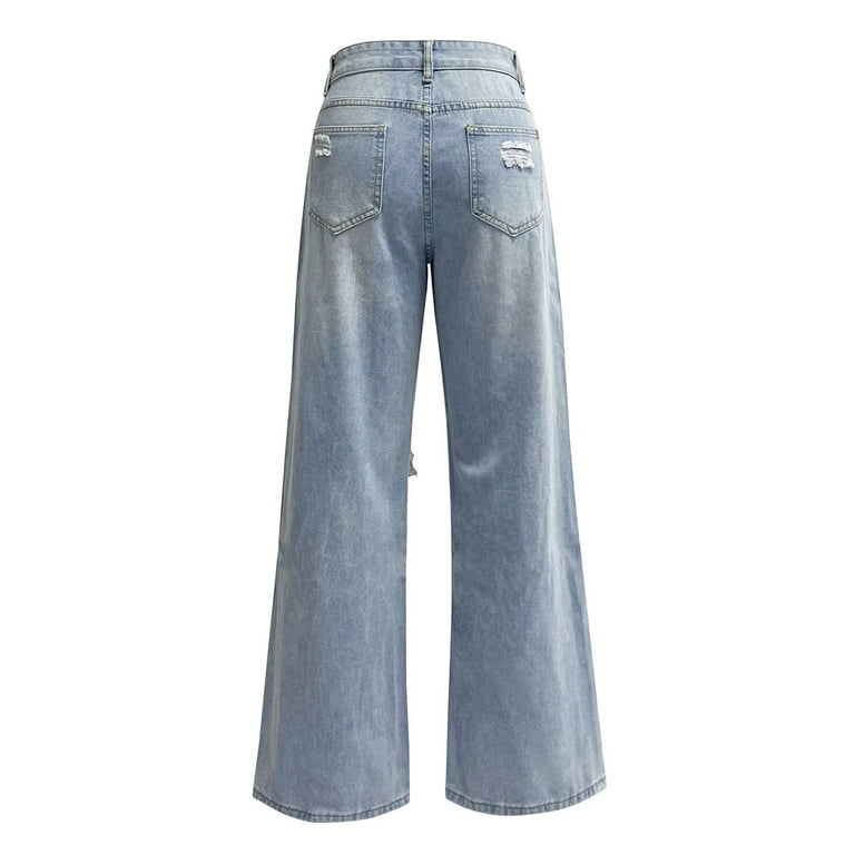 Lovskoo 2024 Women's Wide Leg Baggy Ripped Jeans Big Holes Lovskoo 2024 Women's Wide Leg Baggy Ripped Jeans Big Holes