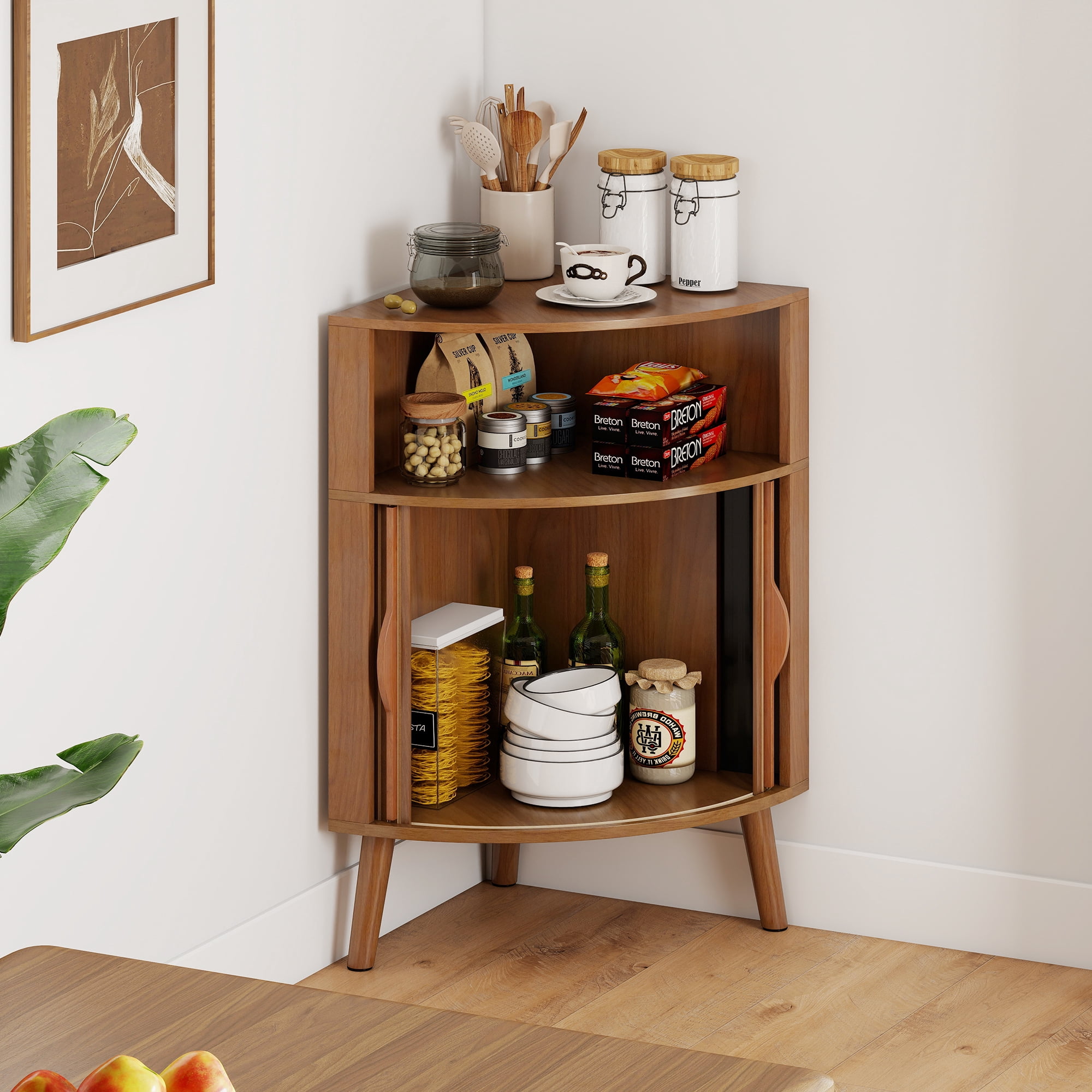 Fluted Bathroom Corner Storage Cabinet, Small Corner Floor Cabinet with Doors and Shelves, Freestanding Narrow Cabinets Organizer for Bathroom, Living Room, Kitchen, Walnut