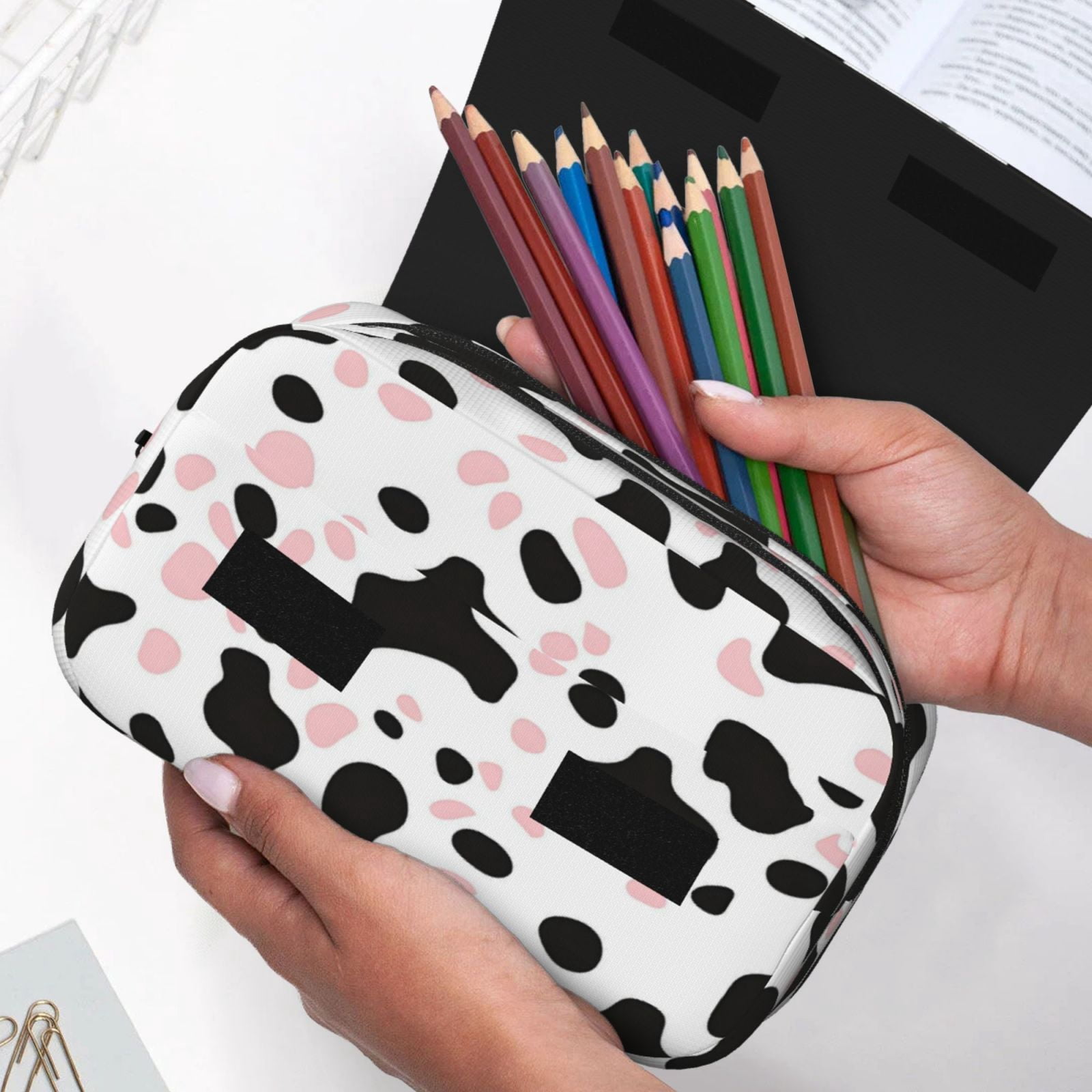Large-Capacity Flip-Top Double-Layer Pencil Case, Multi-Functional Pocket Pen Case, Durable Stationery Organizer Simple Cow Print Pattern White Background, Pink And White_1