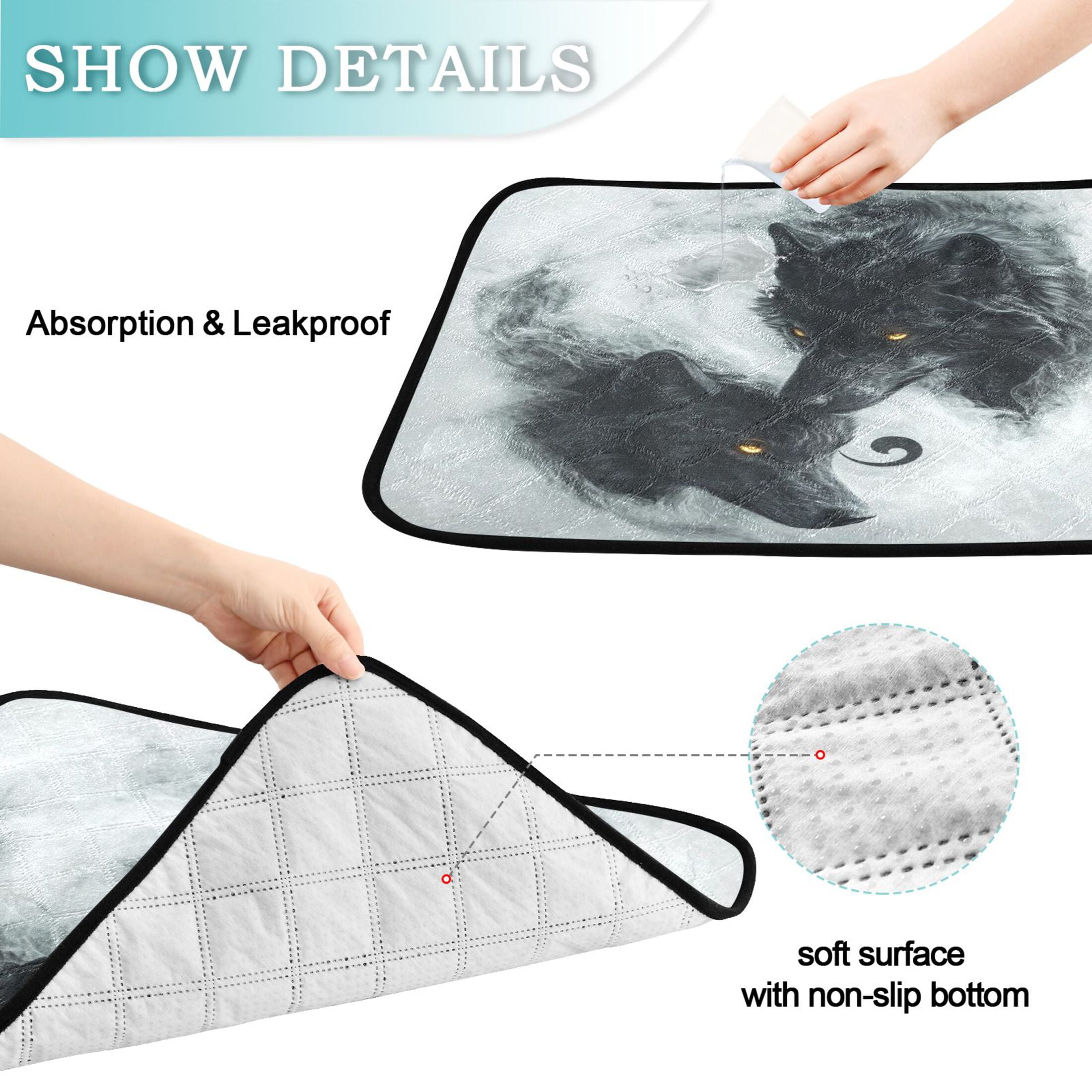 Qxltty Watercolor Style Black Wolf Cat litter Pads Pet Set of 3 Diaper Mats Center Anti-leakage Layer Absorbent Soft and Comfortable