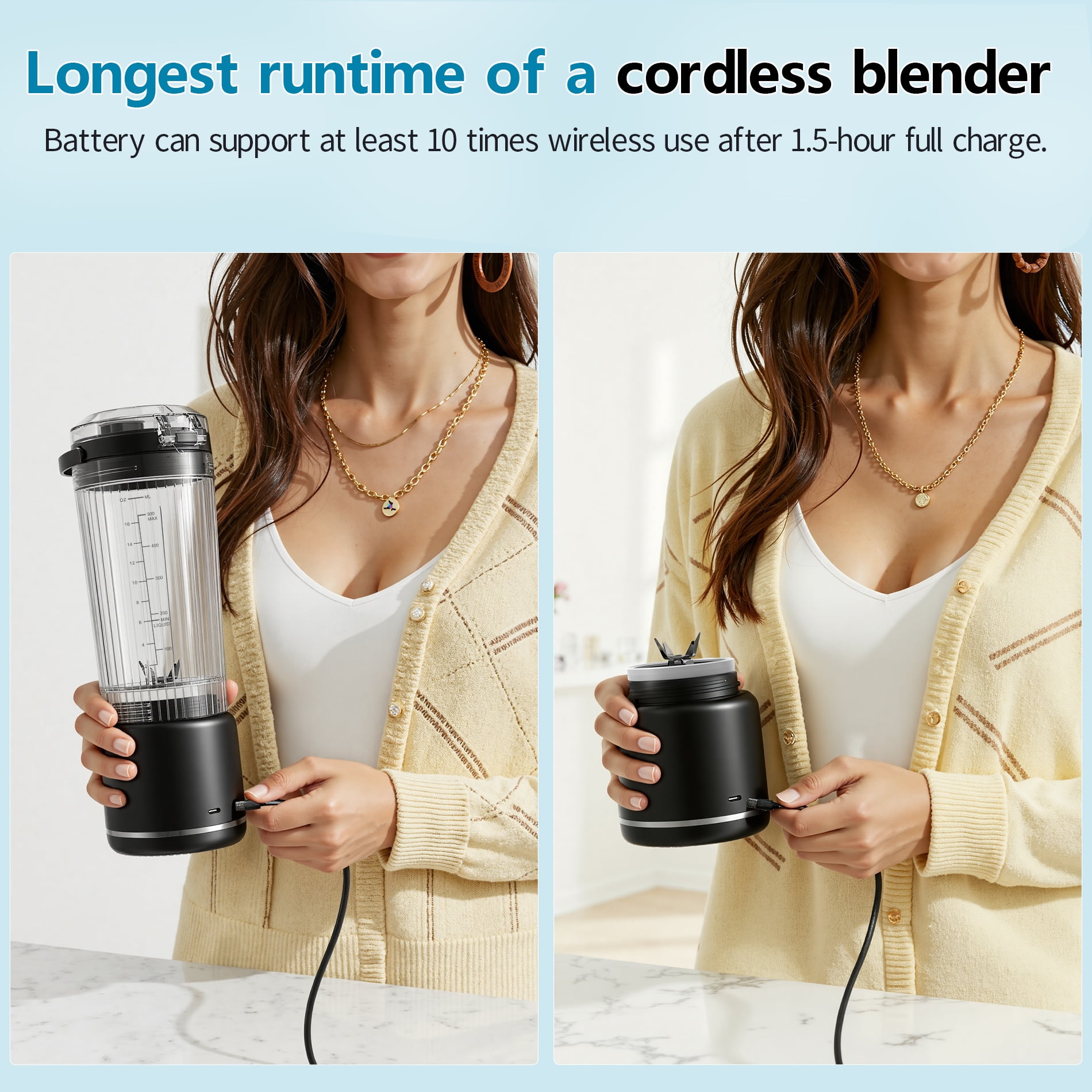 Panti Portable Blender, Cordless,18oz. USB-C Rechargeable Personal Blender for Shakes & Smoothies, BPA Free, Cover with Handle,USB-C Rechargeable, Dishwasher Safe Parts, Black