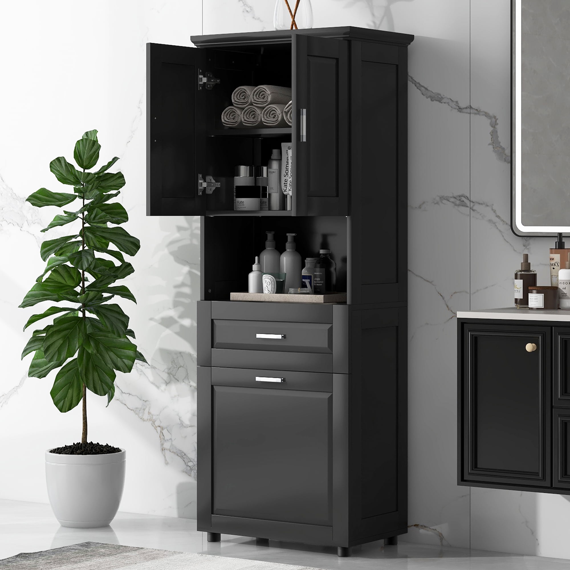 Leumius 70" Tall Bathroom Storage Cabinet with Drawer & Laundry Basket，Modern Freestanding Tilt-Out Laundry Hamper and Upper Storage Cabinet,Black