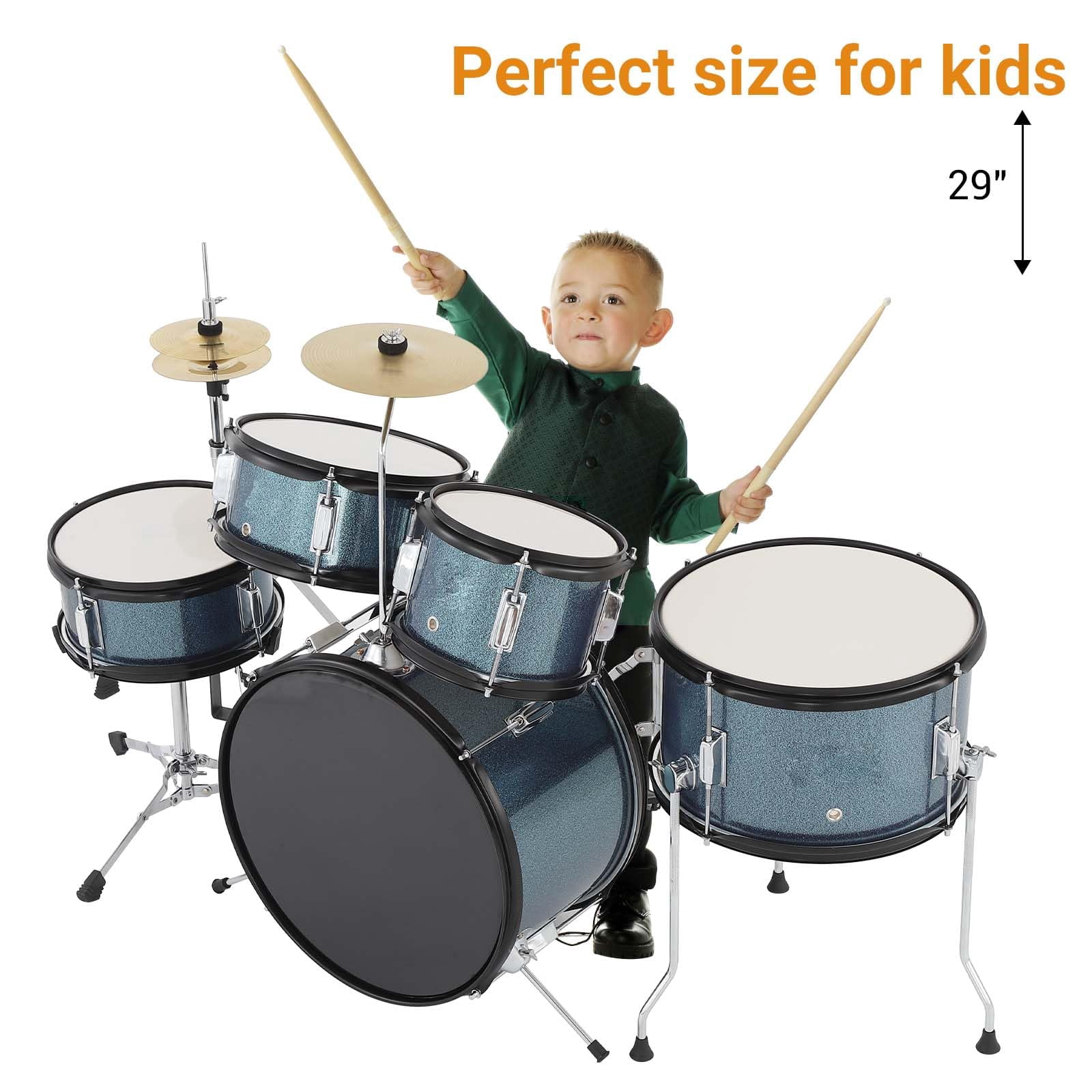 AD-300 5-Piece Drum Set for Beginners - Includes Bass Drum, Tom-Tom, Snare, Cymbals, Hi-Tone Drum, Sticks, Pedal & Stool (Blue) Percussion Instrument Durable