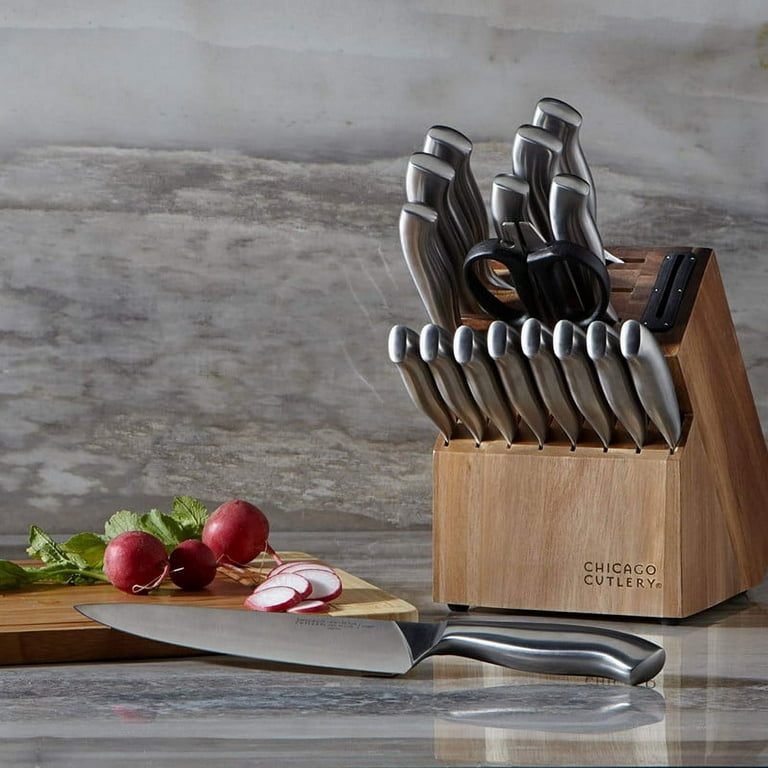 Chicago Cutlery Insignia Triple Rivet Poly (18-PC) Kitchen Knife Block Set  With Wooden Block & Built-In Sharpener, Black Ergonomic Handles and Sharp