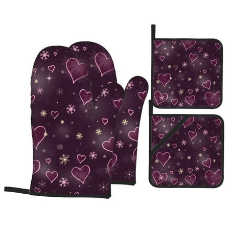 

Oven Mitts and Pot Holders 4 Piece Snowflakes and Hearts High Heat Slip Resistant Oven Mitt and Trivets Set Kitchen Oven Glove Pot Holders for Cooking Baking Grilling