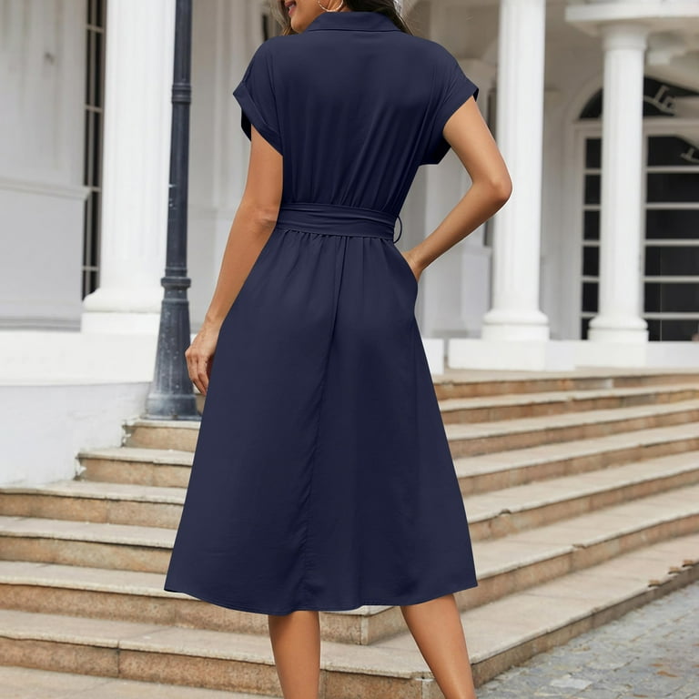 Mgmyaa Womens Shirt Dress Button Down Collar Short Sleeve Midi Dress Tunic  A-Line Dress - Walmart.com