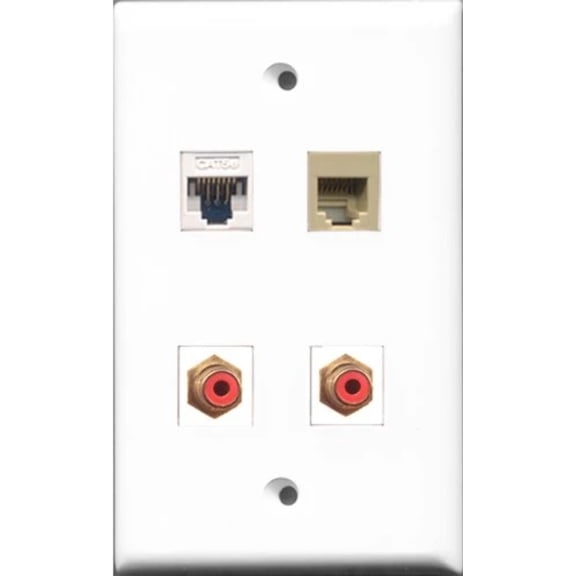 RiteAV - 2 Port RCA Red and 1 Port Phone RJ11 RJ12 Beige and 1 Port Cat5e Ethernet White Wall Plate