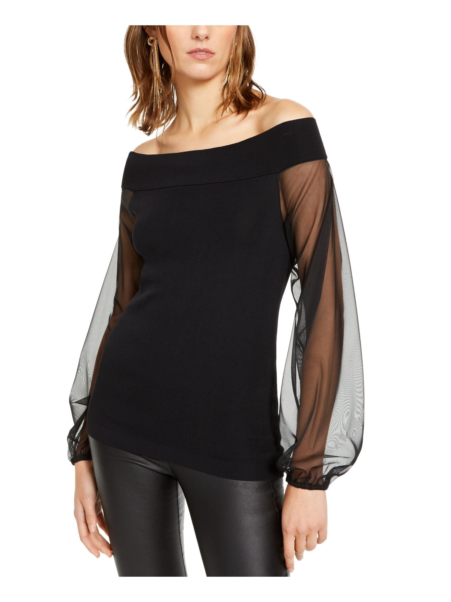 INC Womens Black Sheer Long Sleeve Off Shoulder Party Blouse XS ...