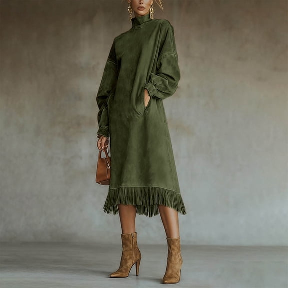 YueHuiYing Women's Solid Color Faux Suede Vintage-Style Loose-Fit Long-Sleeve Dress with Pockets and Fringe Detail