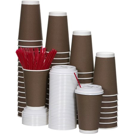 12oz[50 Sets]Quality Paper Coffee Cups with Lids Stirrers. Insulated Double Wall