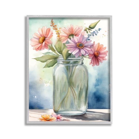 Stupell Industries Gerbera Daisies in Jar Botanical & Floral Painting Gray Framed Art Print Wall Art, 11 x 14