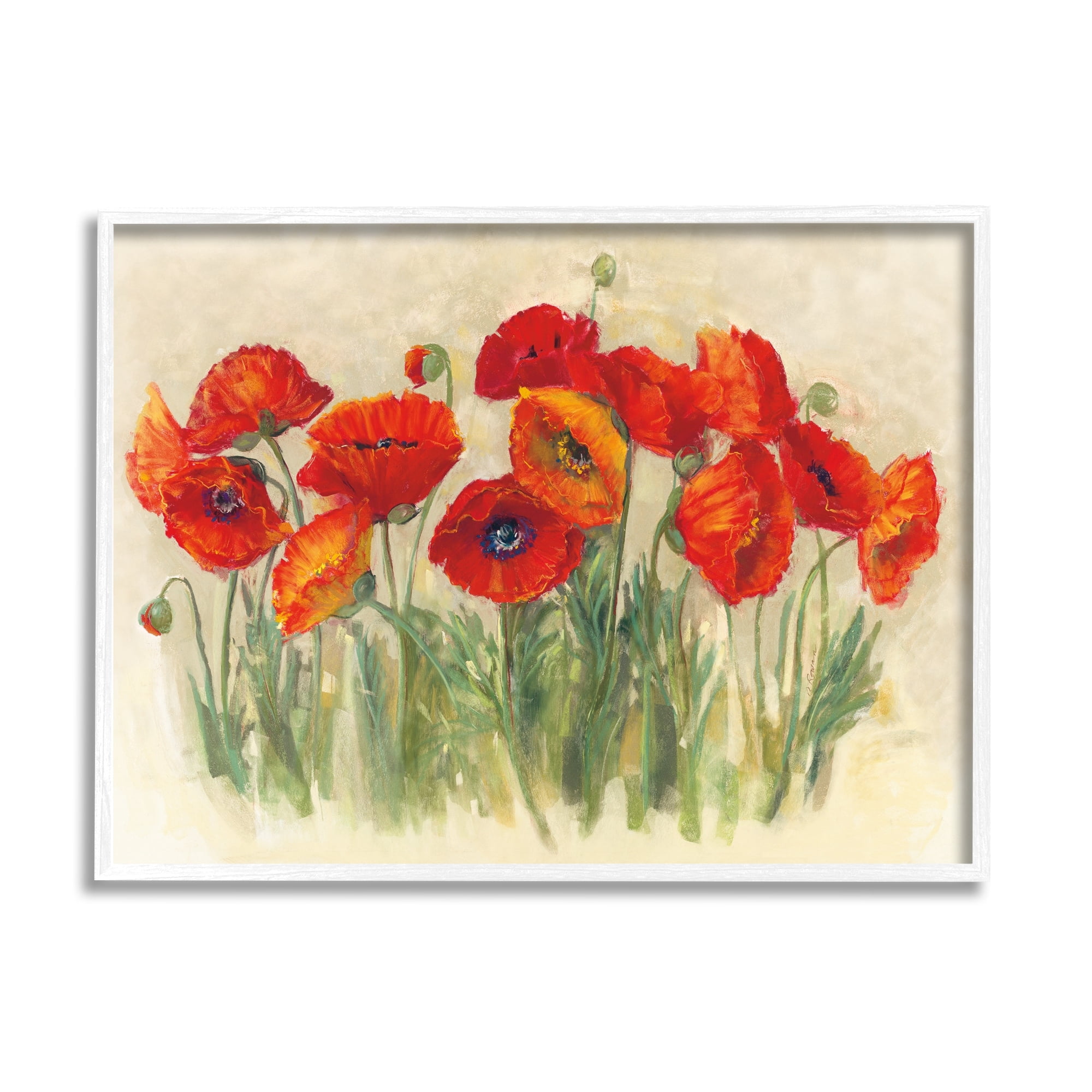 Stupell Industries Red Poppy Florals Soft Green Meadow Grass Painting Framed Art Print Wall Art, 14x11, By Carol Rowan