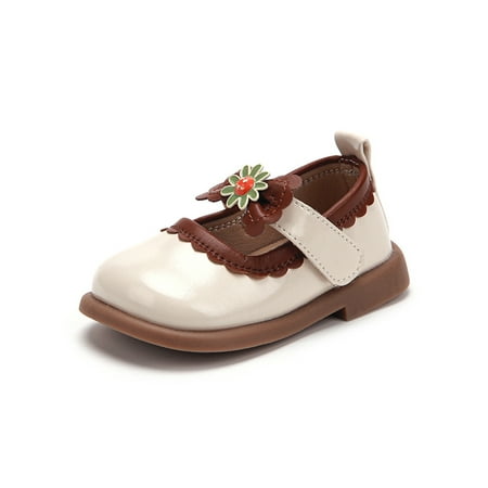 

Daeful Girl Ballet Flats Bow Dress Shoes Wide Toe Box Mary Jane Cute Closed Princess Shoe Girls Magic Tape Beige 5.5toddlers