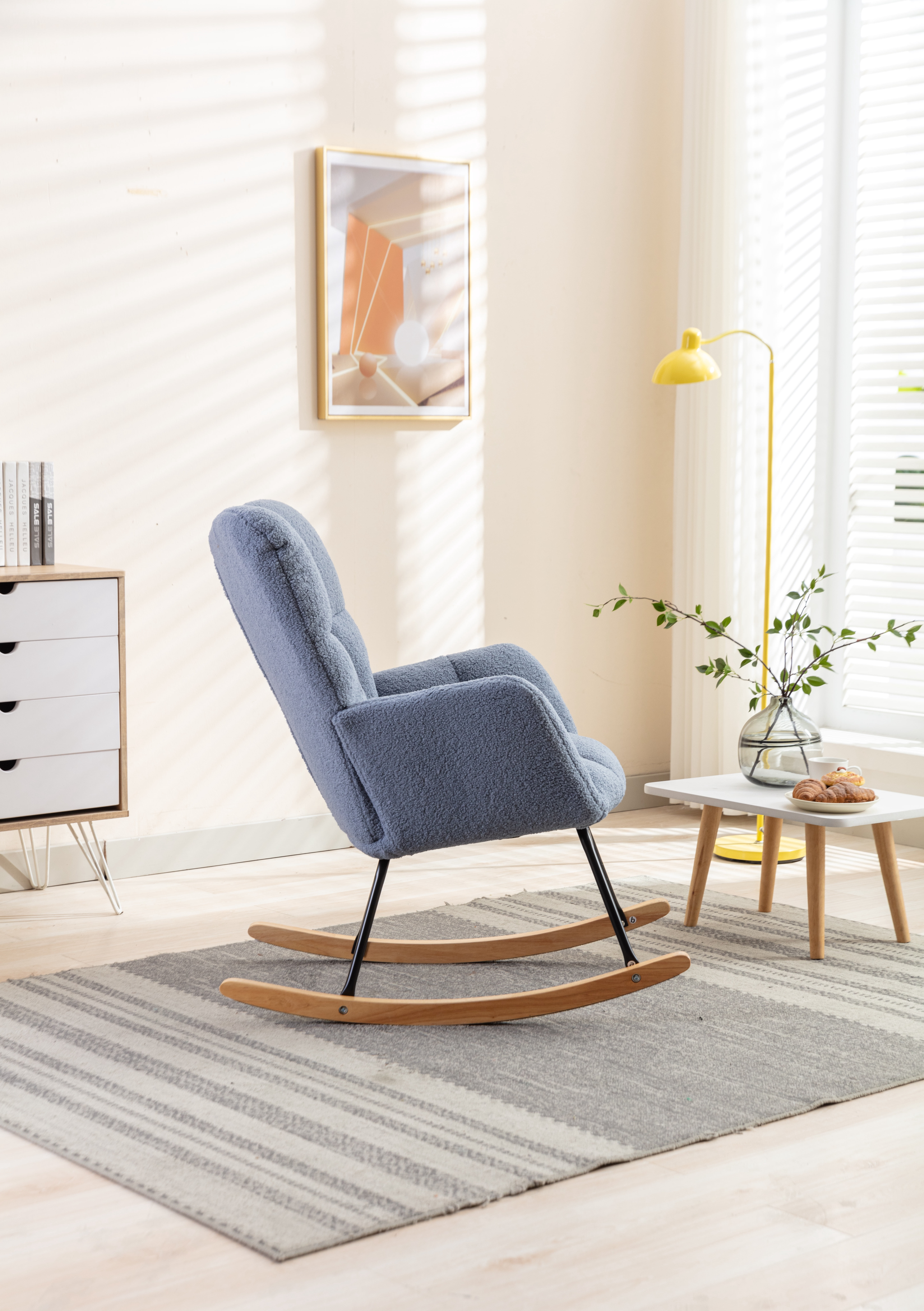 JXXRZ Nursery Rocking Chair, Oversized Teddy Plush Rocker with Modern Upholstered High Back and Solid Wood Legs, Light Blue