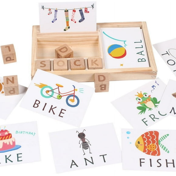 Spelling Games for Kids, Wooden Matching Letter Blocks Game, Montessori Alphabet Learning Toy Picture Flash Cards