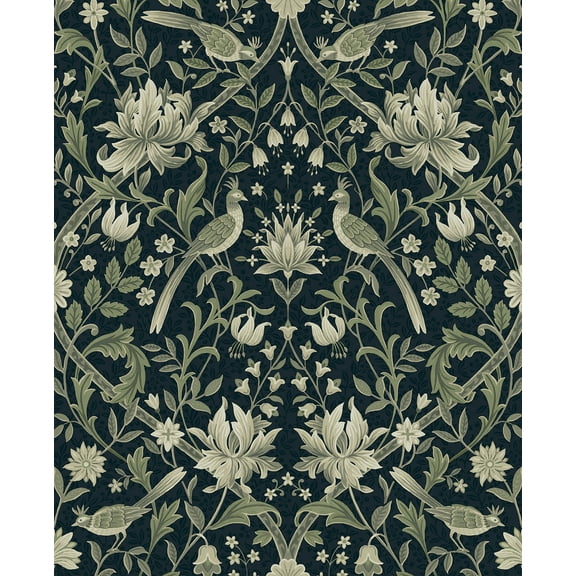 NextWall Blue & Sage Vintage Bird Ogee Peel and Stick Wallpaper - 20.5 in. W x 18 ft. L Roll