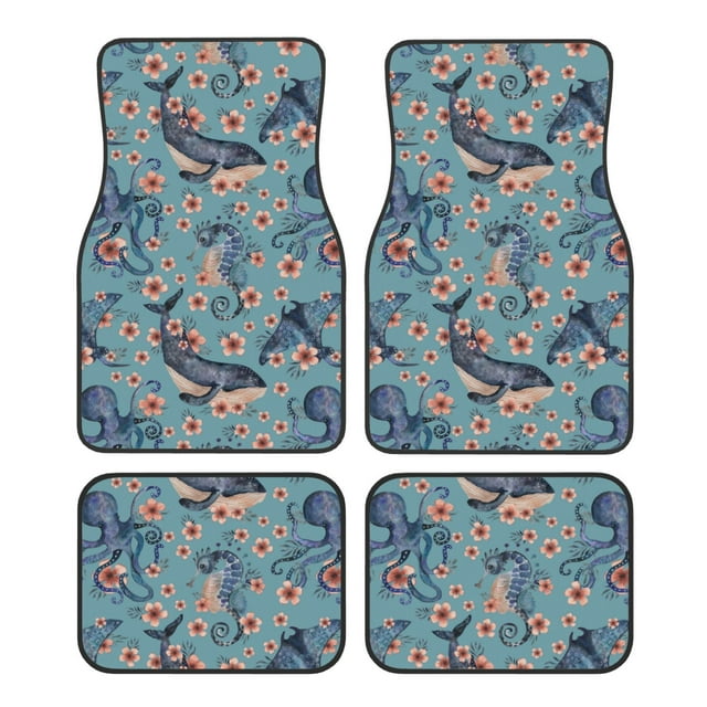 Lsque Underwater Animals and Flowers Print 4-Piece Floor Mats, Heavy-Duty Rubber Liners, Anti-Slip Design, All-Season Automotive Protection, Vehicles, Cars, Trucks, and SUVs