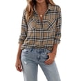 thumbnail image 2 of Hsovts Women Plaid Flannel Shirt, Button Down Buffalo Check Long Sleeve Breathable Fabric Loose Casual Outerwear Multi‑Color Tartan Shirts for Hiking and Daily Wear Light Brown L, 2 of 8