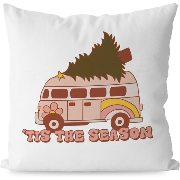 Groovy Retro Boho Christmas Ornaments Decor Pillowcase,Hippie VW Van Bus Tis The Season Xmas Christmas Tree Decor Decorative Throw Pillow Cover 18x18,Christmas Winter Decorations Pillow Cover