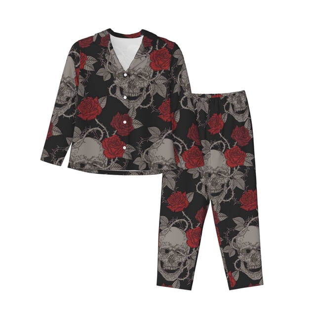 Fotbe Skull and Red Roses Conjunto de Pijama de Manga Larga para Mujer con Estampado, Ropa de Dormir de 2 Piezas, Conjunto de Casa Suave y Cómodo con Bolsillos-X-Large