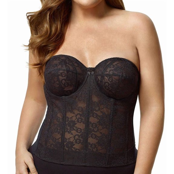 Women's Elila 6621 Lace Strapless Longline Underwire Bra (Black 42C)