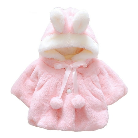 

FaLX Baby Girls Infant Rabbit Ear Hoodie Warm Coat Pom Pom Bowknot Winter Clothes