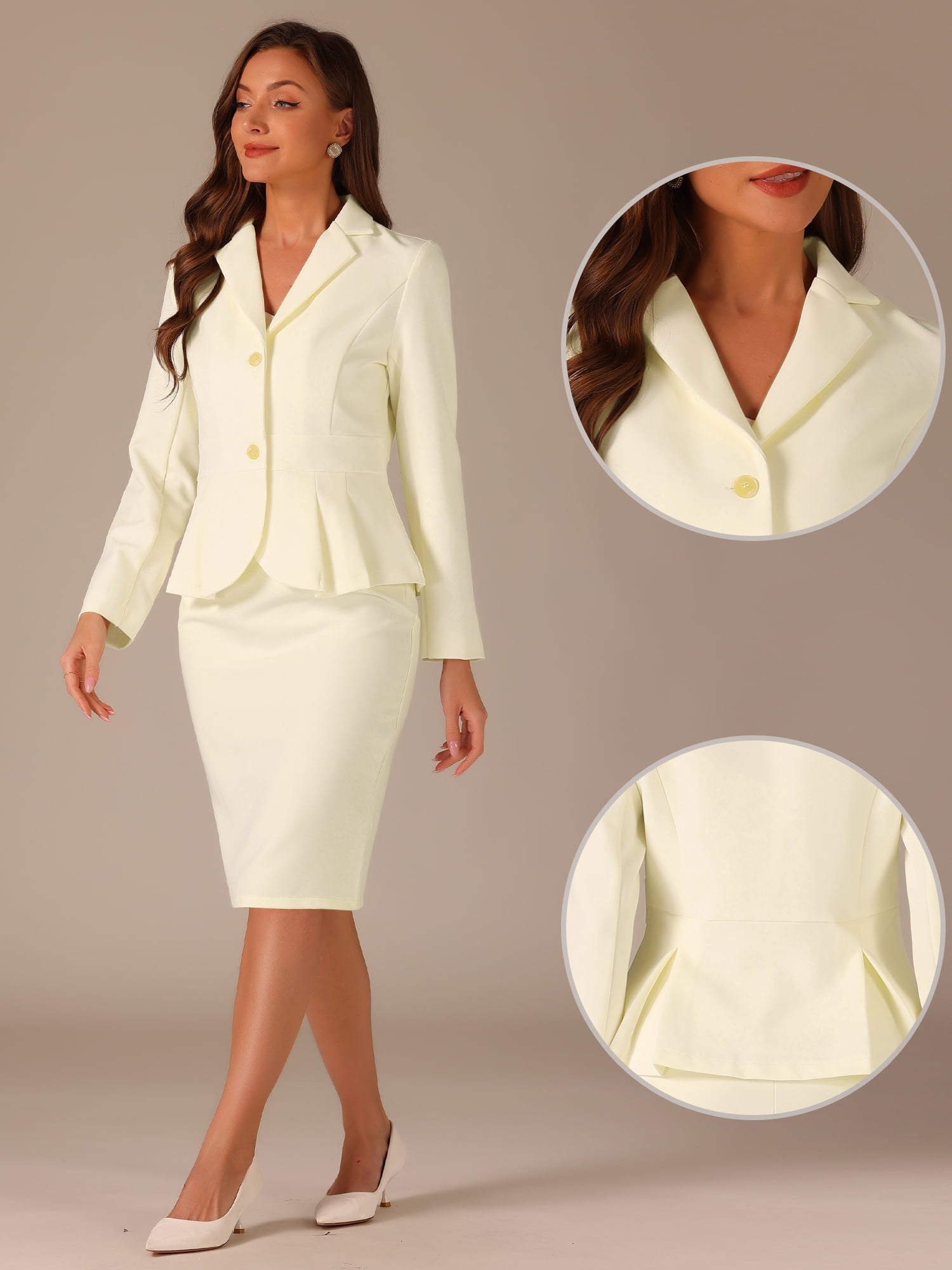 DARING DIVA Women's Peplum Blazer Pencil Skirt 2 Pcs Suit Set M White Beige