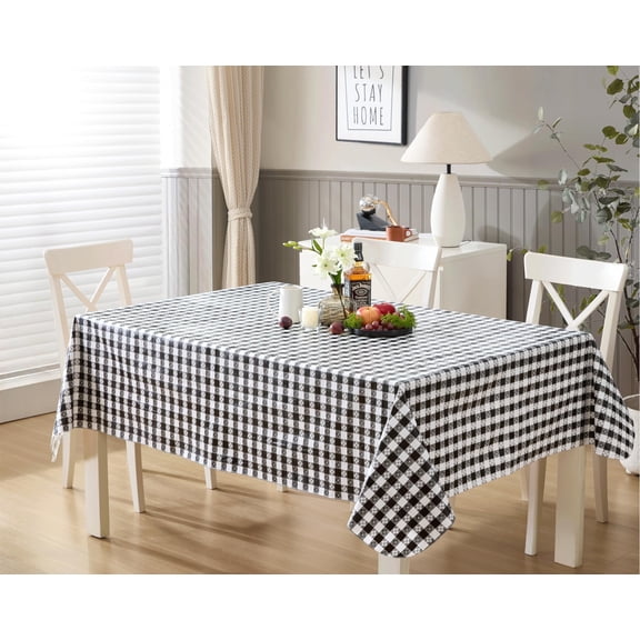 Black Café Bistro Tavern Check 60 x 102 inch Rectangle Vinyl Dining Tablecloth with Flannel Backing