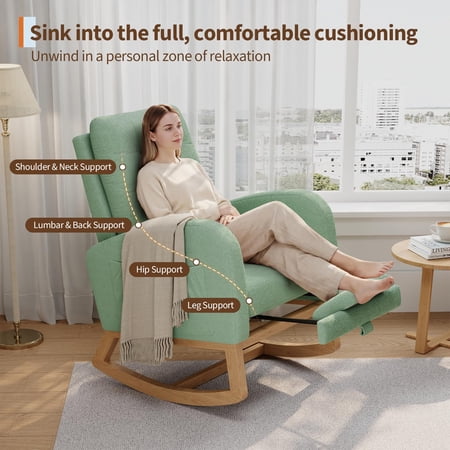 Modern Linen Upholstered Rocking Chair - Glider Chair with Side Pocket for Living Room Bedroom Nursery