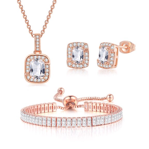 Bonjour Jewelers 18K Rose Gold Created White Sapphire Princess Halo Pendant Necklace, Earrings And Tennis Bracelet Jewelry Set Plated