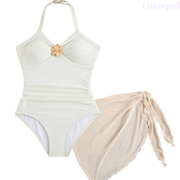 Lixiuxyad Girls Ribbed Swimsuit Two Piece With 3D And Wrap Skirt For Swimming Beach,2 Piece Bathing Suit Sizes 9-10 Years White
