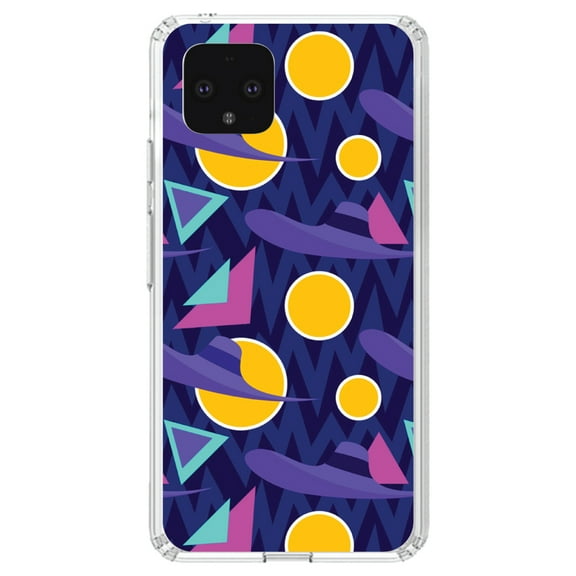 DistinctInk Clear Shockproof Hybrid Case for Google Pixel 4 XL (6.3" Screen) - TPU Bumper, Acrylic Back, Tempered Glass Screen Protector - Pink Purple Yellow 90s Pattern - Relive the 90's