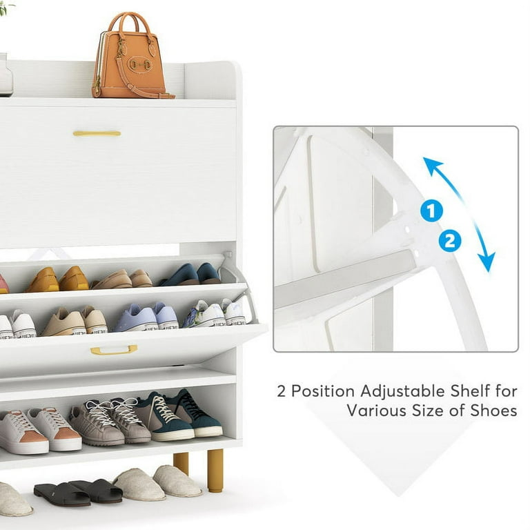 Tribesigns Shoe Cabinet, 2-Tier Shoe Storage Cabinet with Flip Doors,  Vintage Entryway Shoe Organizer Rack with Open Shelves for Narrow Closet,  Entryway, Living Room, White 