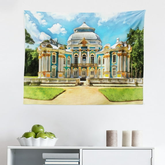 Russian Tapestry, Abstract Skyline Moscow City Line Illustration, Fabric Wall Hanging Decor for Bedroom Living Room Dorm, 2 Sizes, Charcoal Grey Seafoam, by Ambesonne