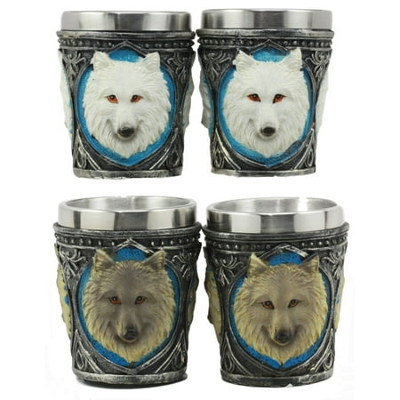 Ebros Myths Legends And Fantasy Spirit Themed 2-Ounce Shot Glasses Set Of 4 Resin Housing With Stainless Steel Liners Great Souvenir And Party Hosting Idea (Albino And Gray Wolf)
